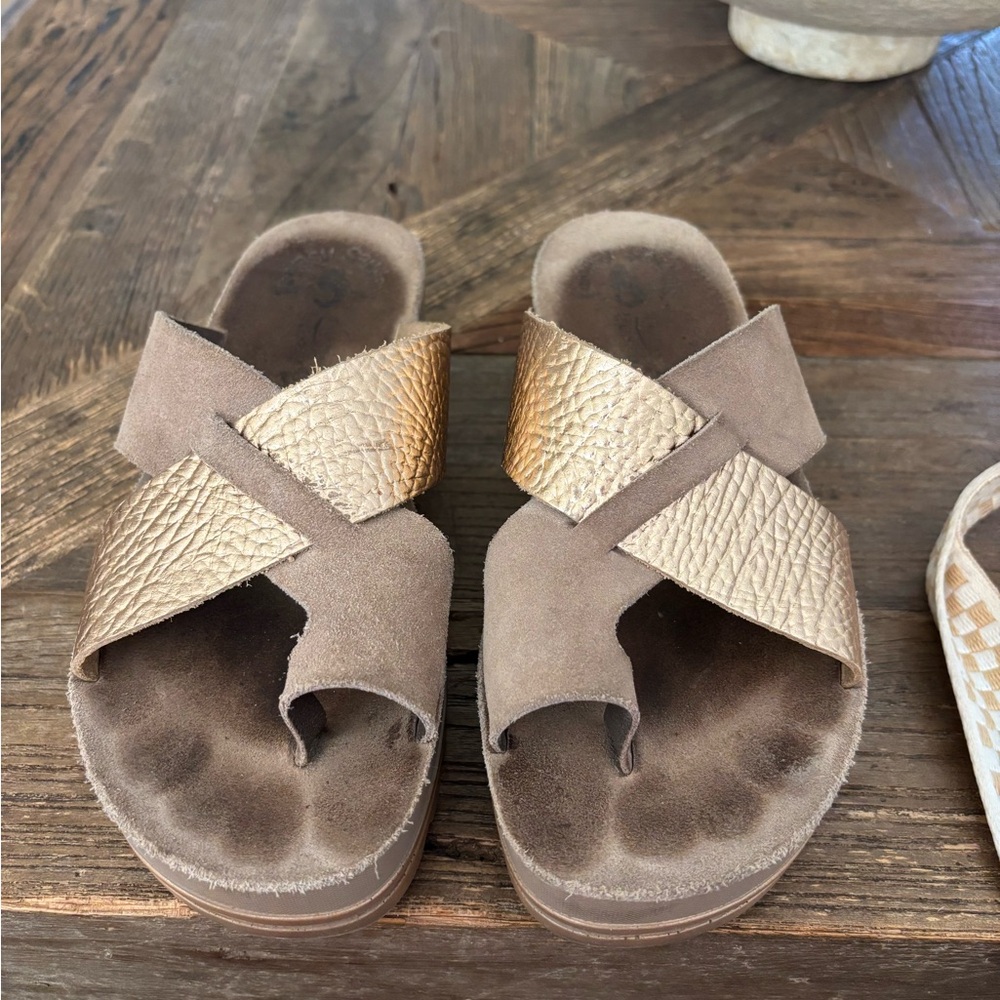 Brown and Gold Cross Strap Sandals